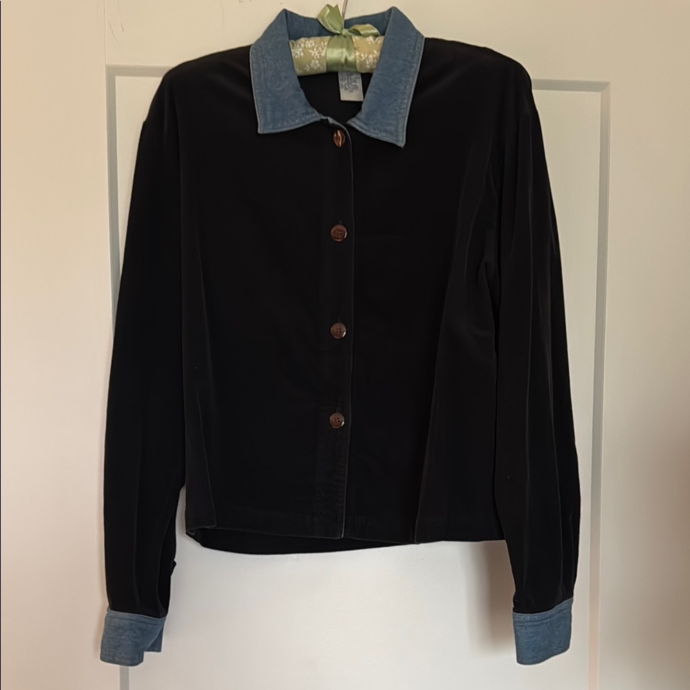 Vintage Corduroy Button-Up with Denim Collar and Cuffs